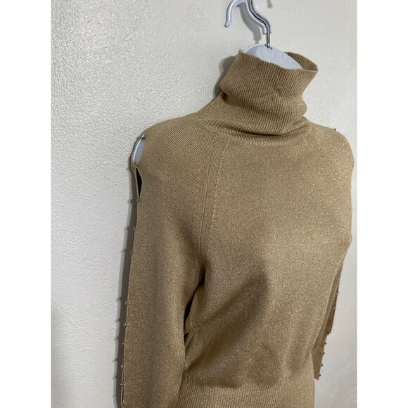 VTG Y2K Cache Gold Rhinestone Turtleneck Tunic M City Nights Holiday New Years - Picture 8 of 15